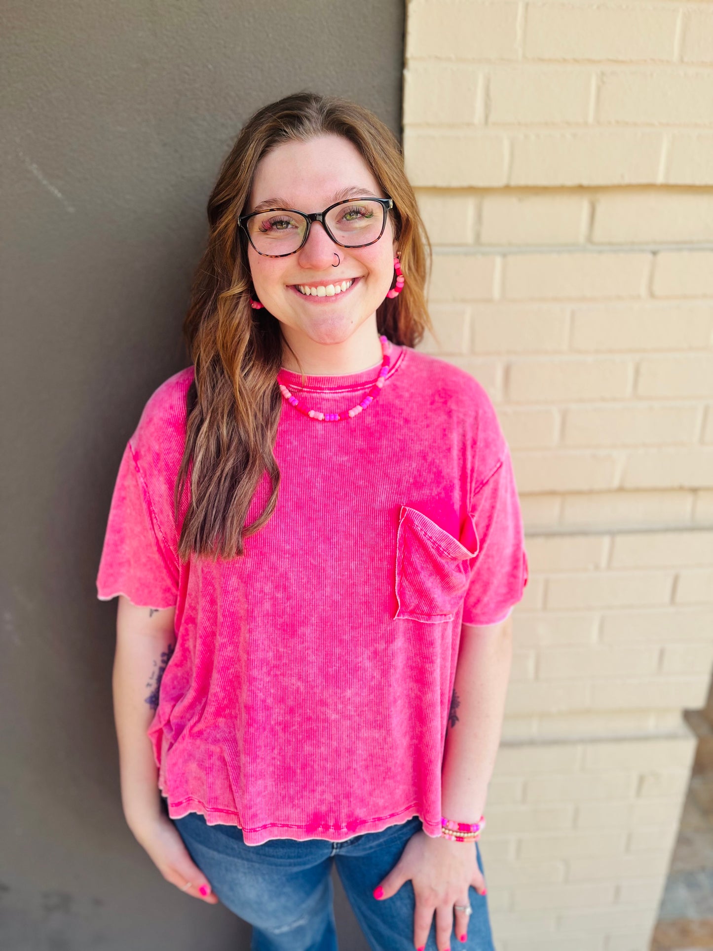 Washed Ribbed Round Neck Top - Hot Pink