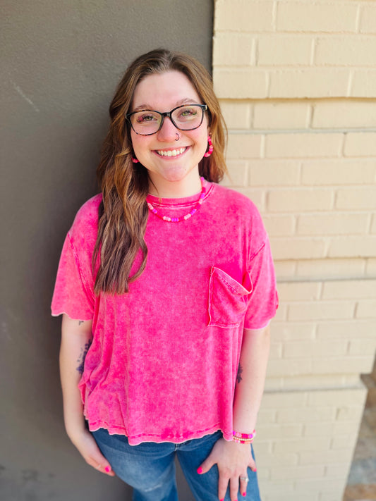 Washed Ribbed Round Neck Top - Hot Pink