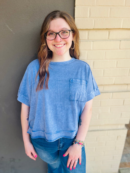 Washed Oversized Crop Tee - Navy