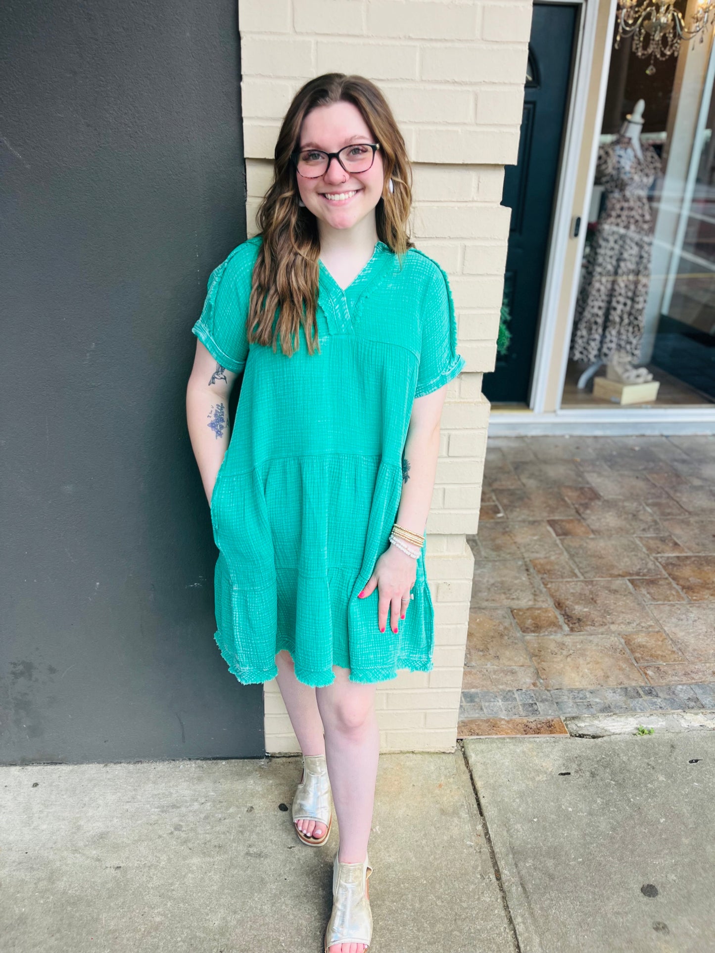 Washed Gauze V-Neck Dress - K Green