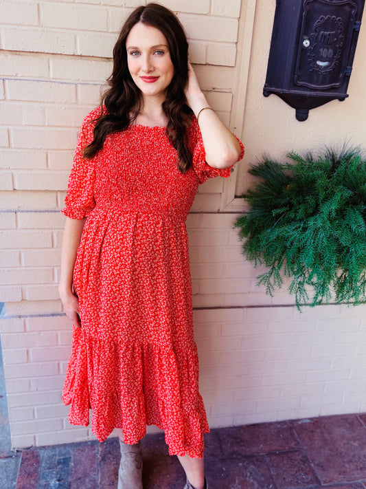 Cinched Cuff Square Neck Smocked Dress - Red