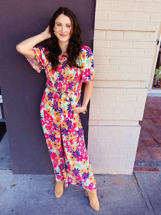 Vivid Floral Smocked Jumpsuit - Off White