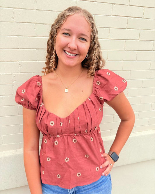 Embroidered Daisy Pleated Blouse