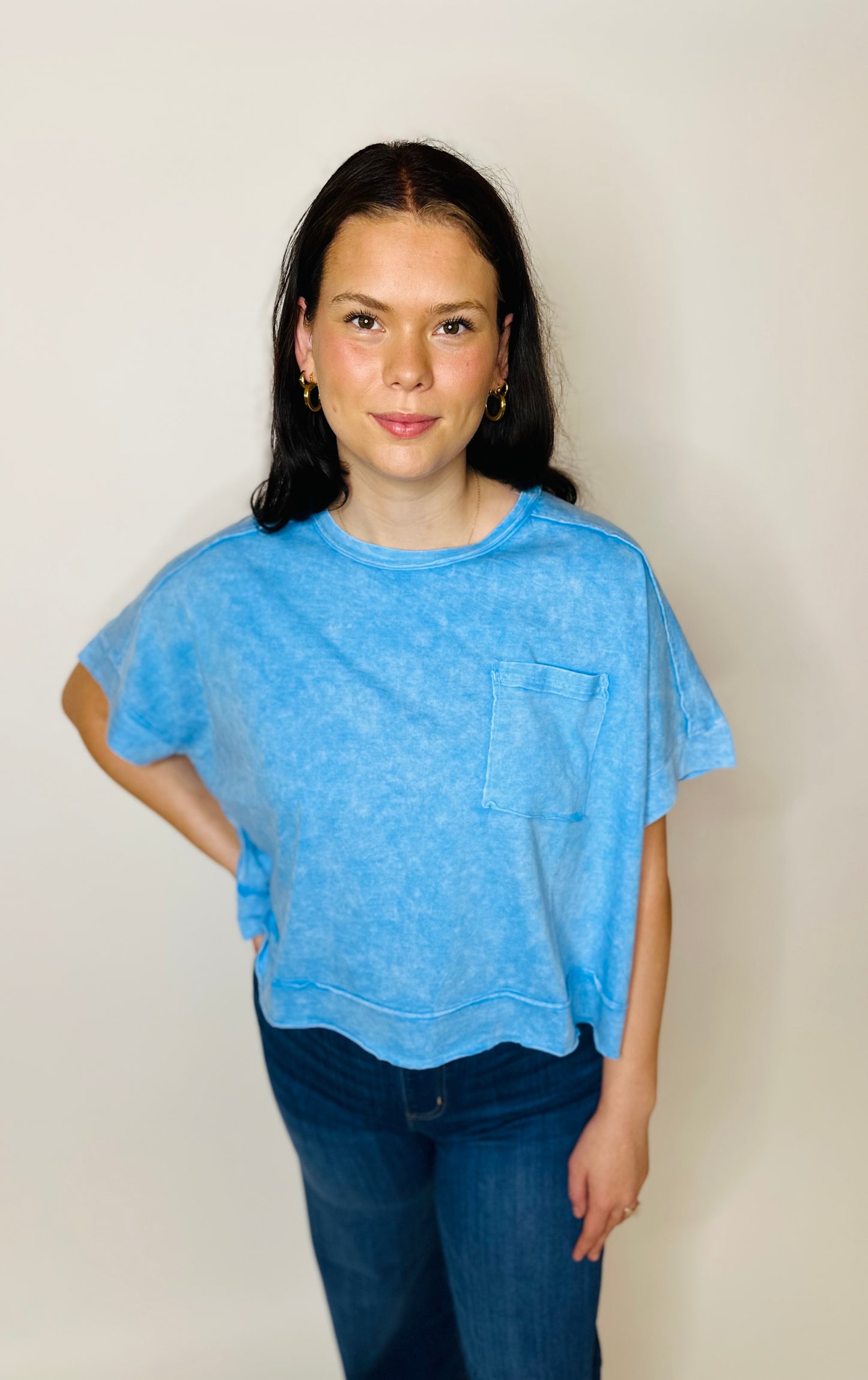 Washed Oversized Crop Tee - Sky Blue