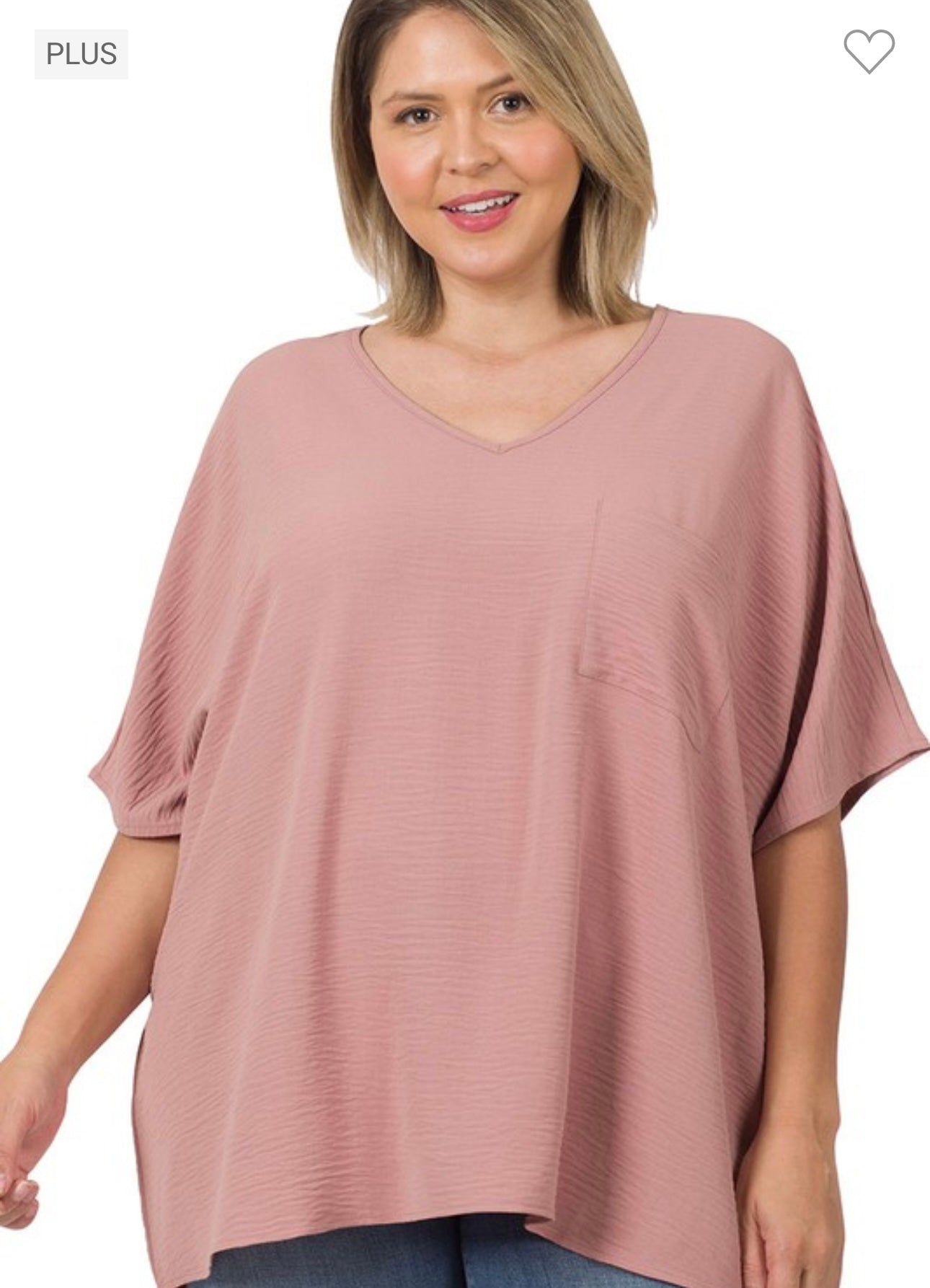 Plus Airflow V-Neck Dolman Pocket Top - Lt Rose