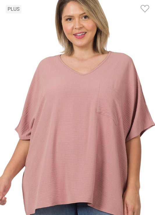 Plus Airflow V-Neck Dolman Pocket Top - Lt Rose