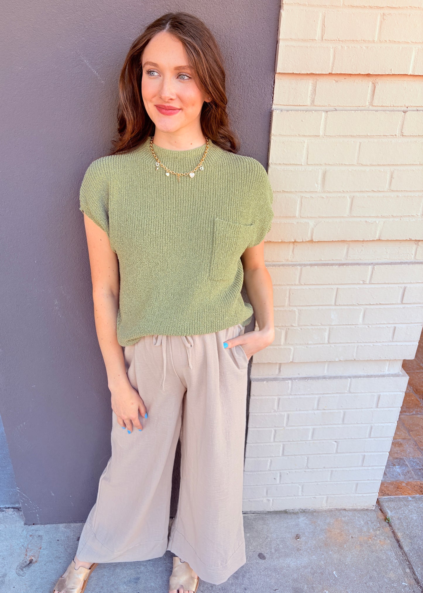Mock Neck Pocket Sweater Top - Lt Olive
