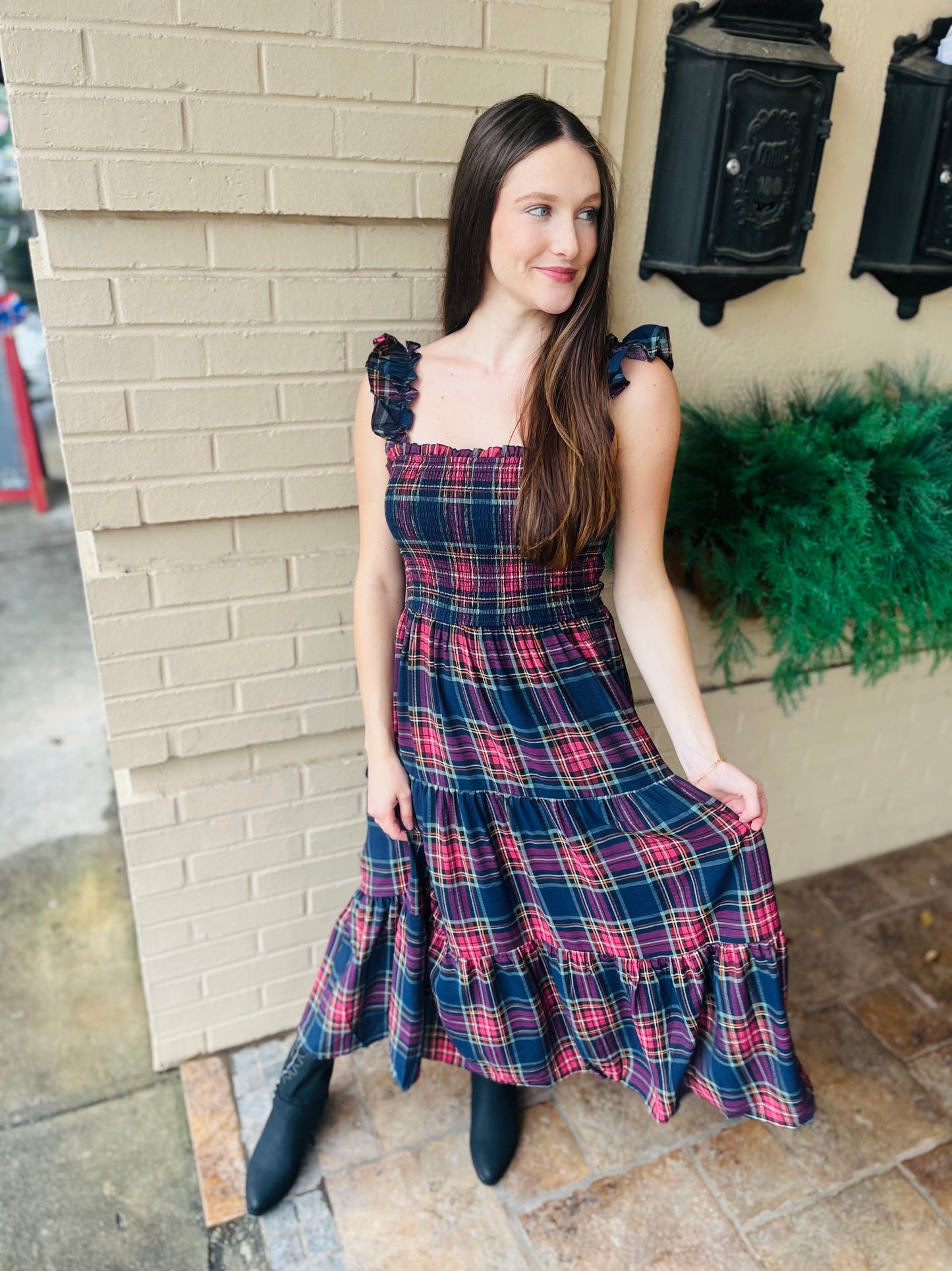 Plaid Smocked Tiered Midi Dress - Navy