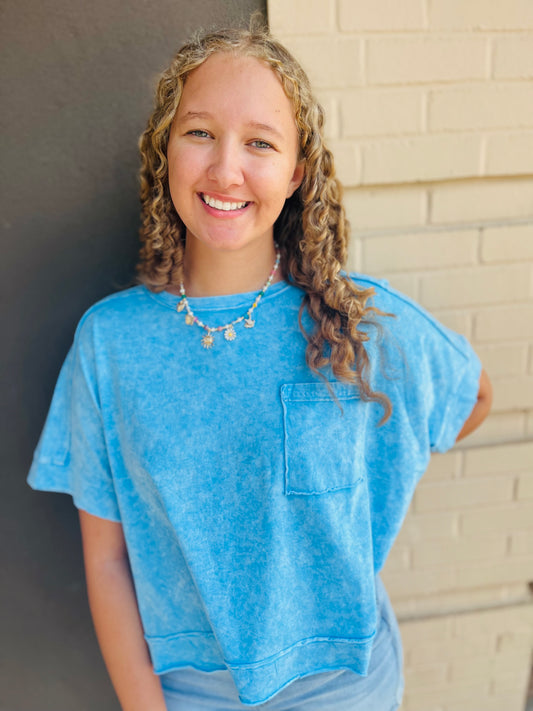 Washed Oversized Crop Tee - Sky Blue