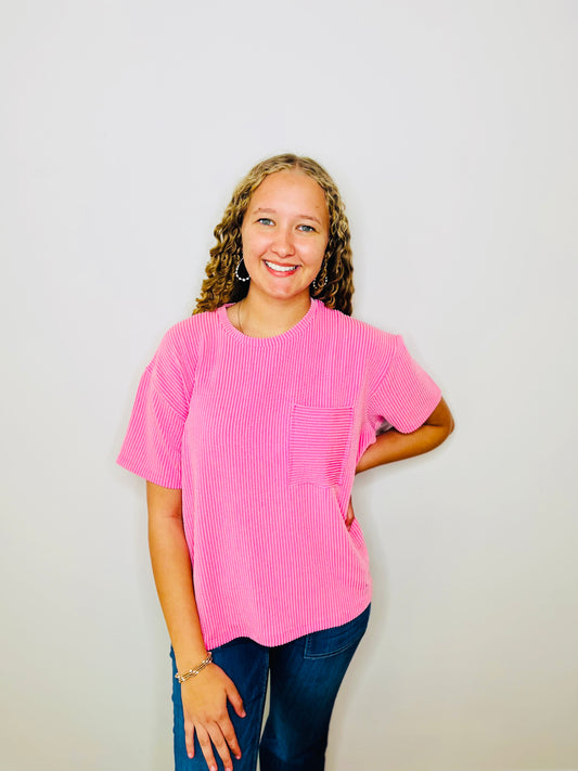 Corded Rib Short Sleeve Front Pocket Top - Pink Berry