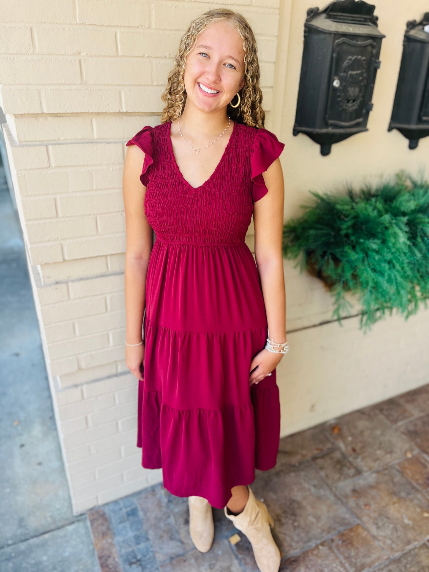 Flutter Sleeve Maxi Dress - Burgundy
