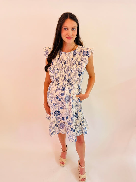 Antique Floral Smock Ruffle Dress - Blue
