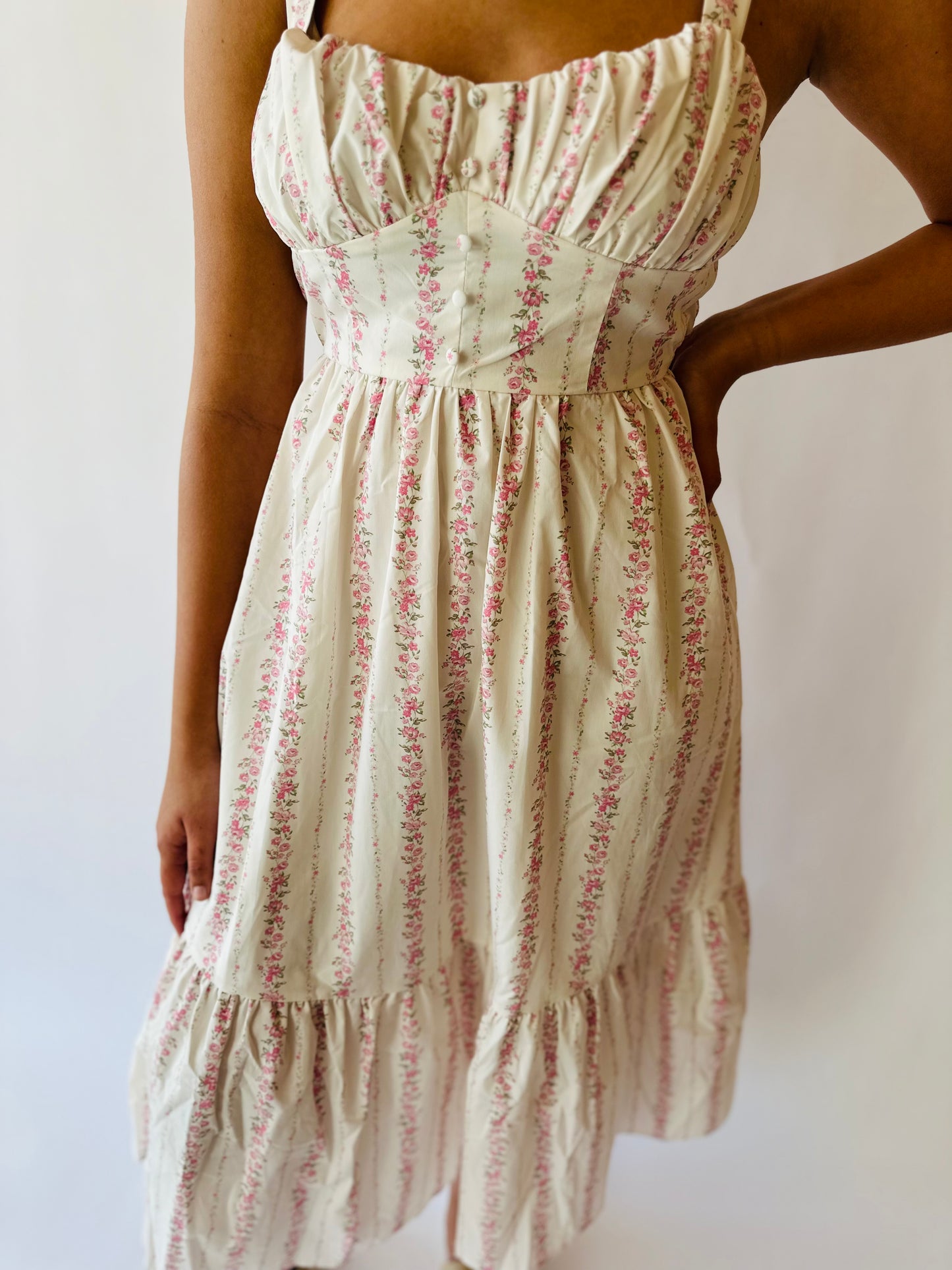 Floral Stripe Button Detail Maxi Dress - Pink Multi