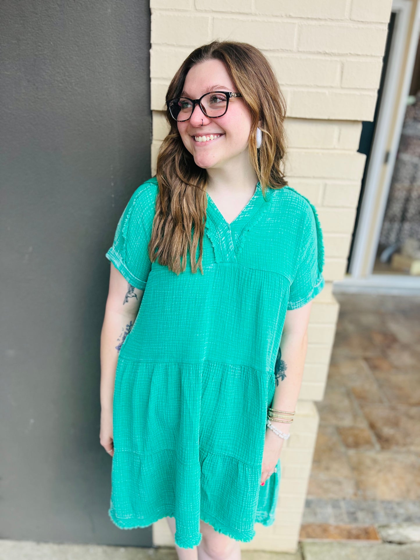 Washed Gauze V-Neck Dress - K Green