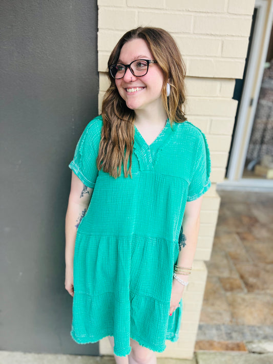 Washed Gauze V-Neck Dress - K Green
