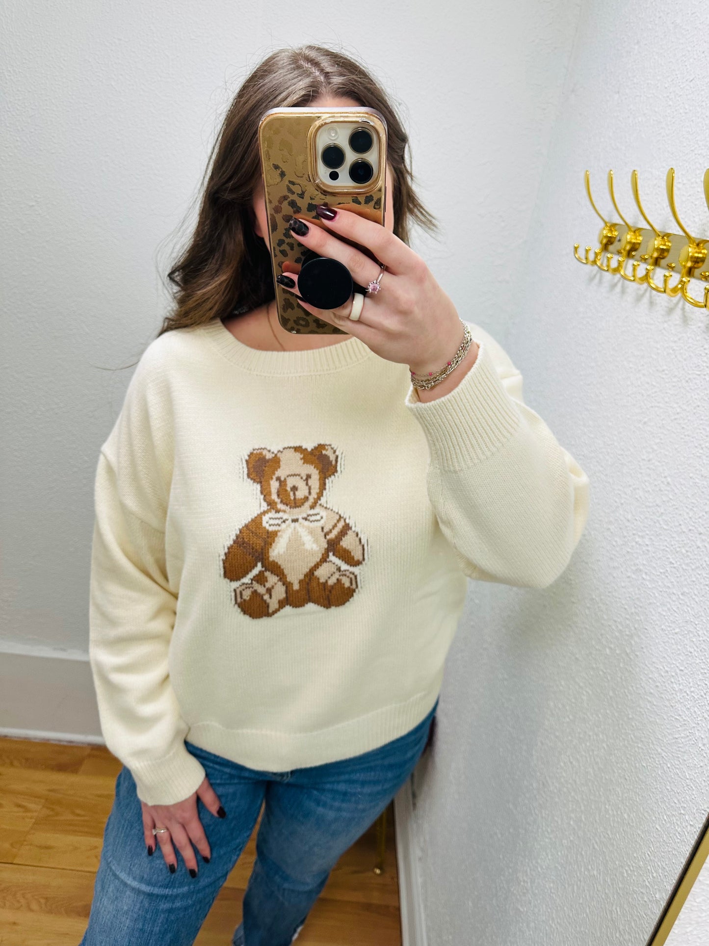 Teddy Jacquard Crew Knit Sweater - Cream