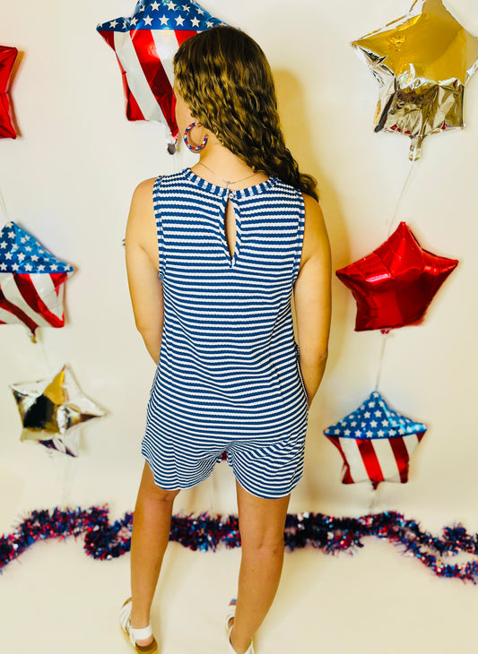 Striped Casual Comfy Romper - Denim
