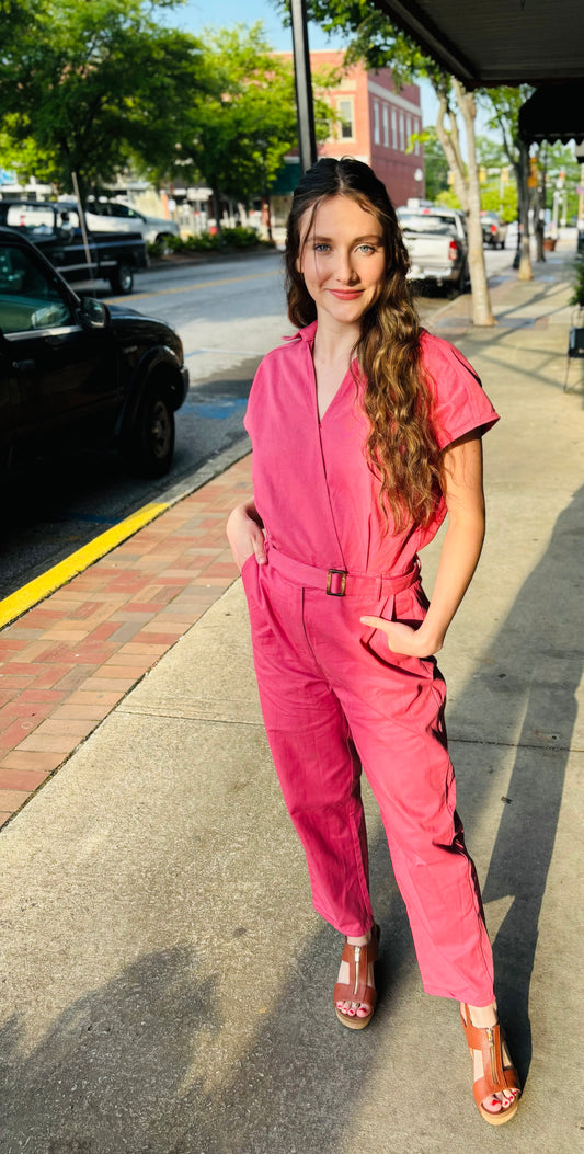 Short Sleeve Jumpsuit With Wrap V-Neck Lapel Collar - Rose