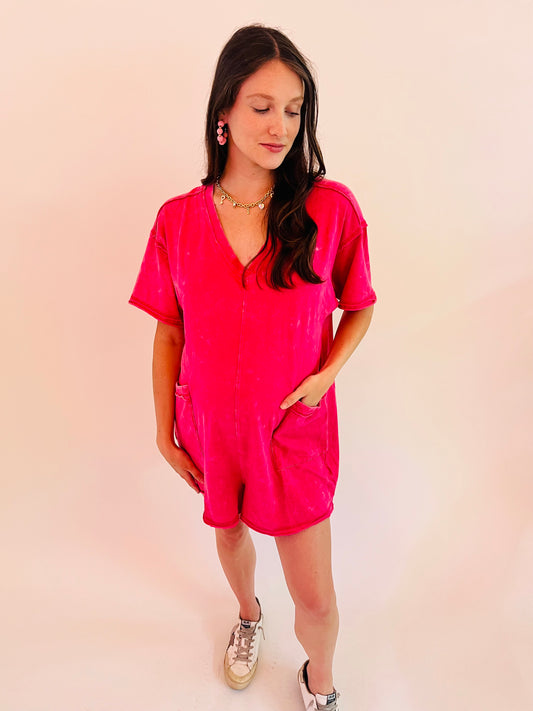 Mineral Washed Pocket Romper - Pink