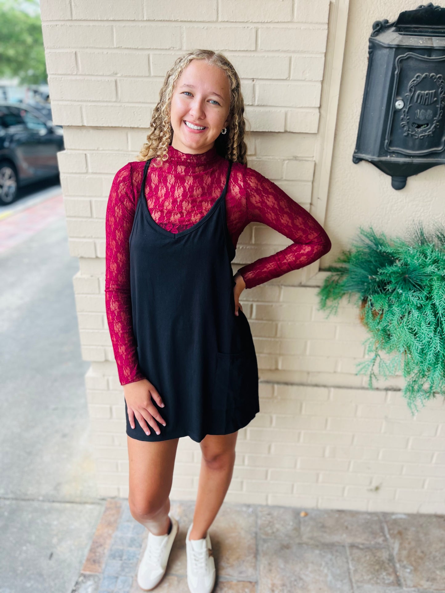 Fitted Sheer Mesh Lace Knit Top - Wine