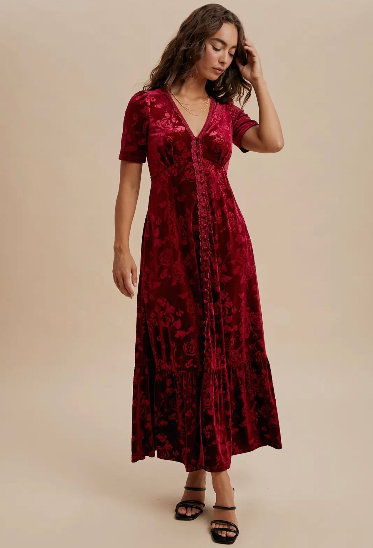 Embossed Velvet Button Down Maxi Dress - Merlot