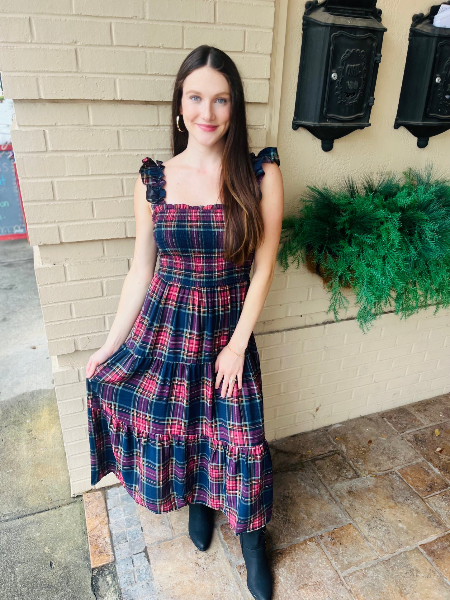 Plaid Smocked Tiered Midi Dress - Navy