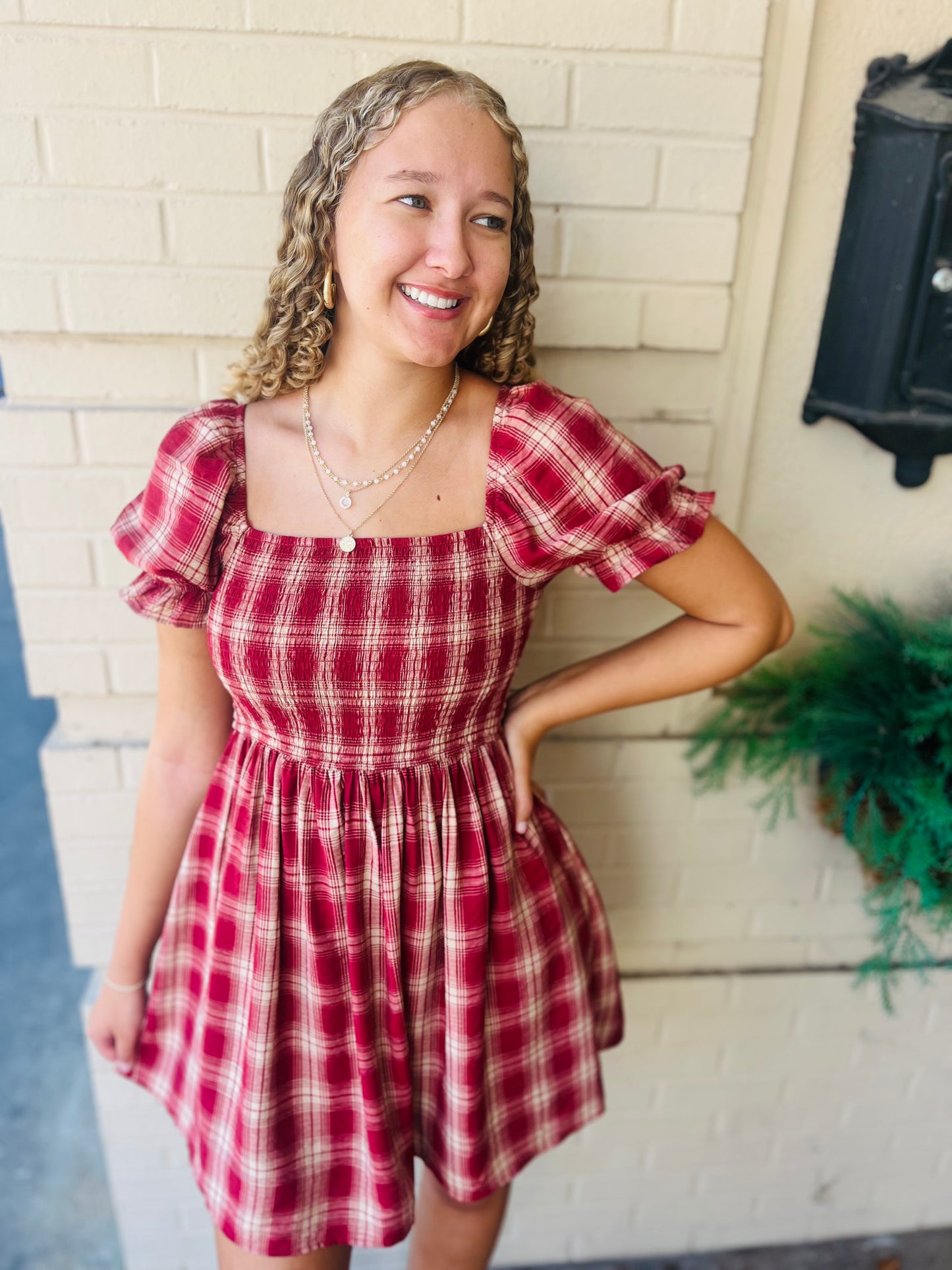 Plaid Smocked Puff Sleeve Dress
