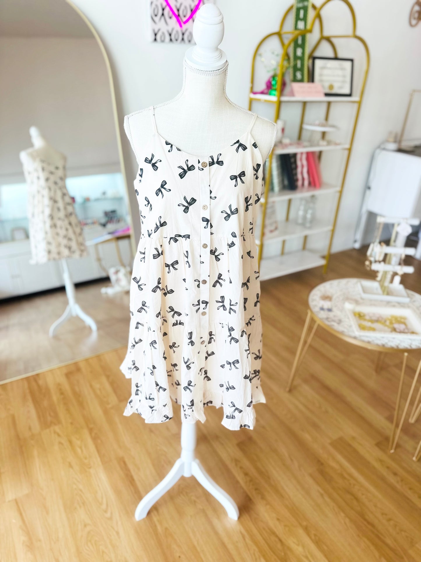 Bow Print Button Detail Tiered Dress - Off White