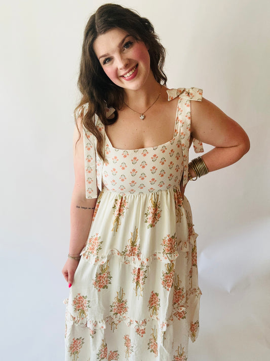 Floral Print Tie Strap Empire Tiered Dress - Apricot Multi