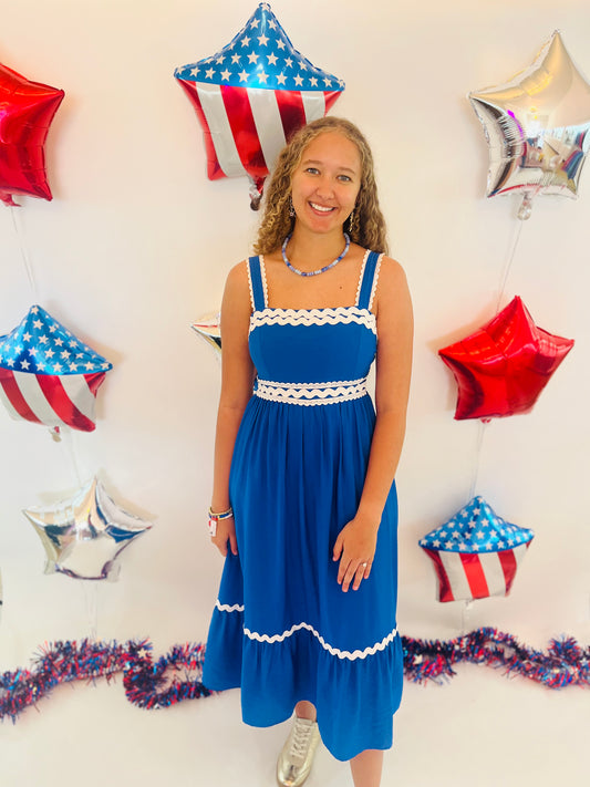 Square Neck Wave Scallop Trim Midi Dress - Blue