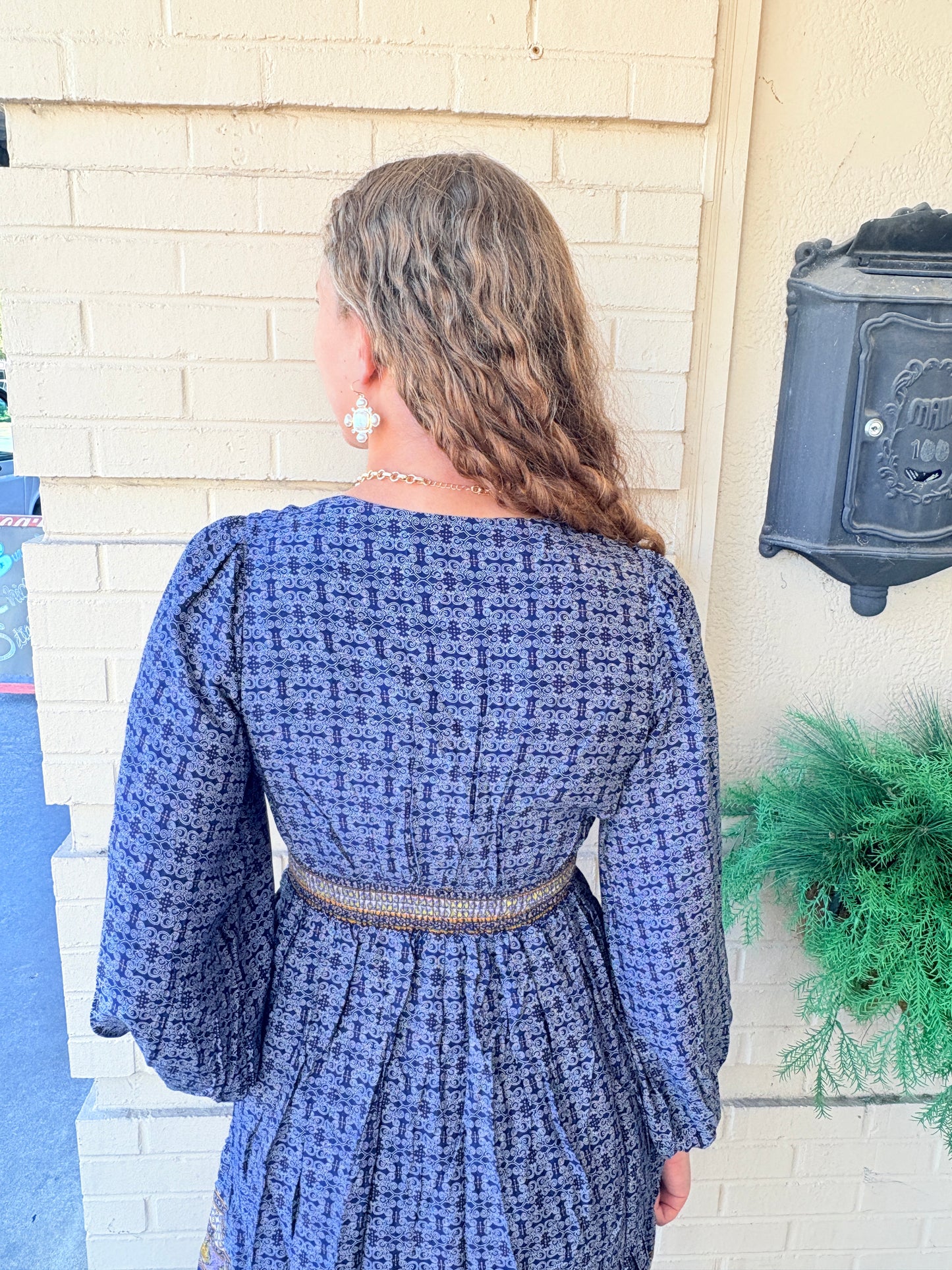 Border Print Mini Dress - Navy