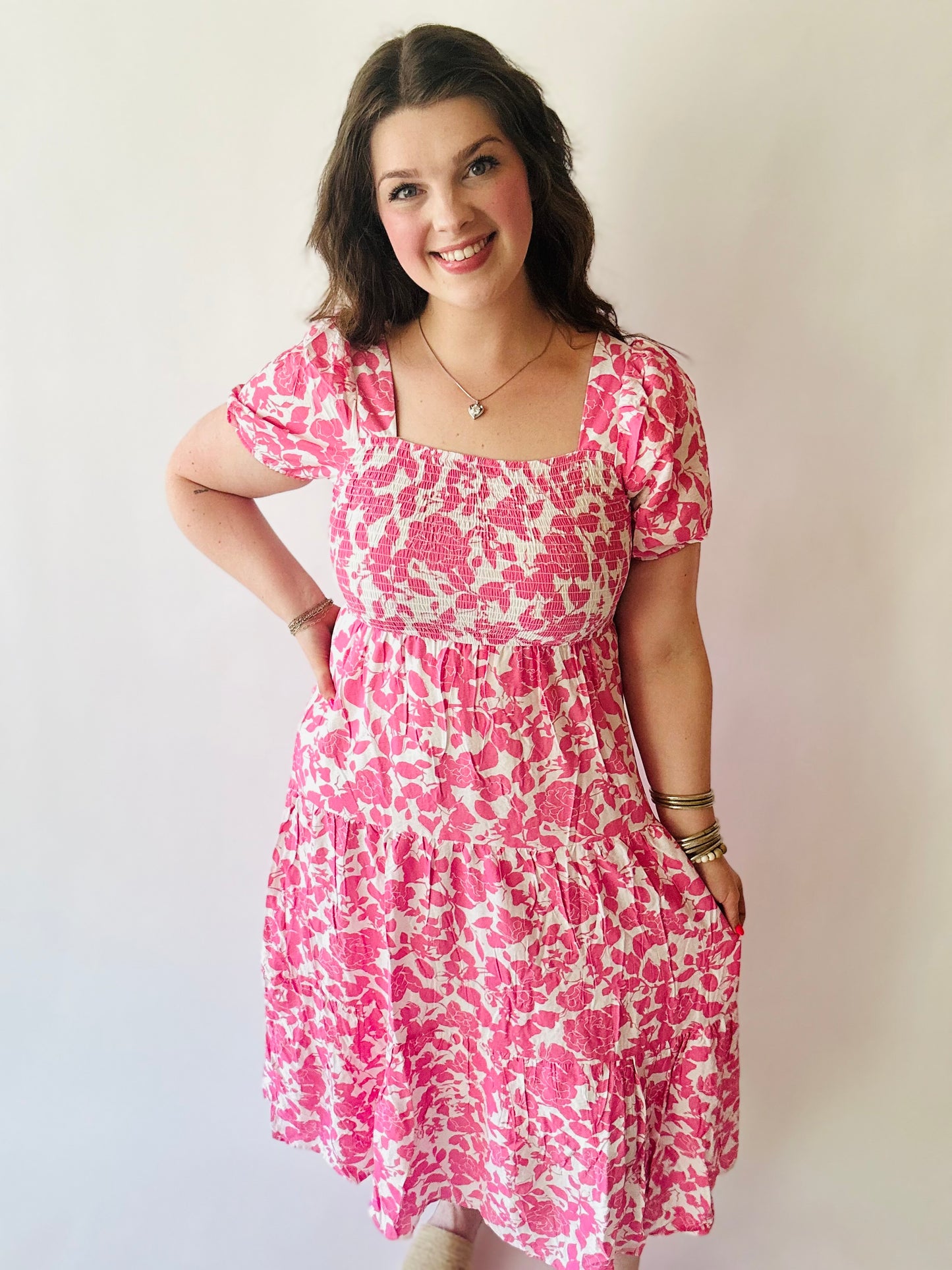 Floral Square Neck Smocked Midi Dress - Pink Multi