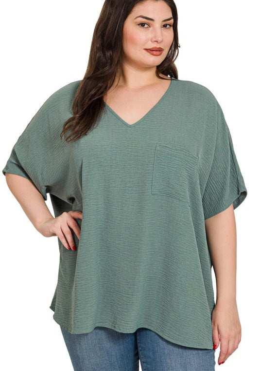 Plus Airflow V-Neck Dolman Pocket Top - Ash Jade