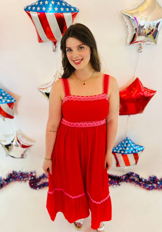 Square Neck Wave Scallop Trim Midi Dress - Red