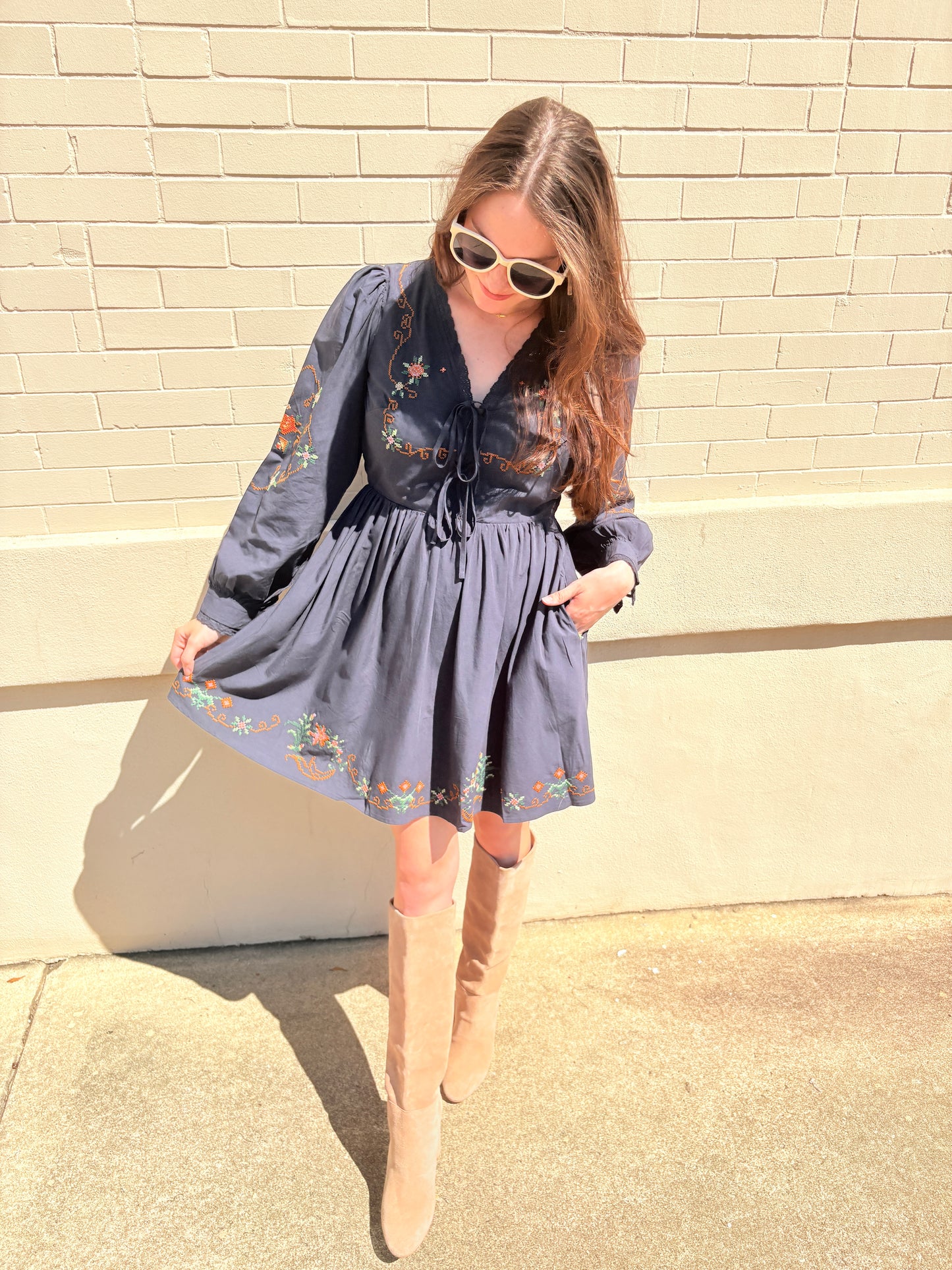 Embroidered Cotton Mini Dress - Midnight