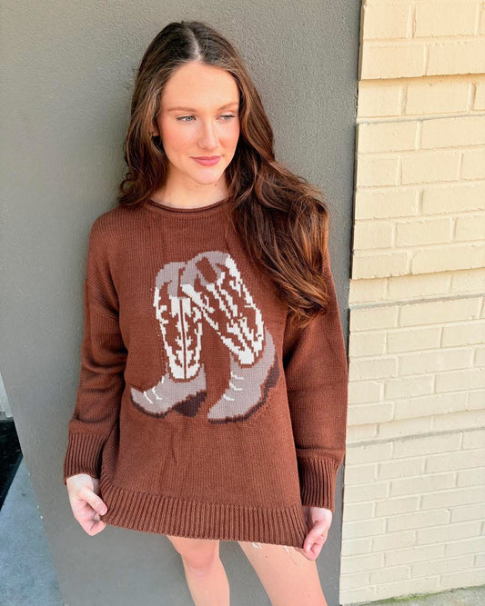 Western Boot Knit Sweater - Brown