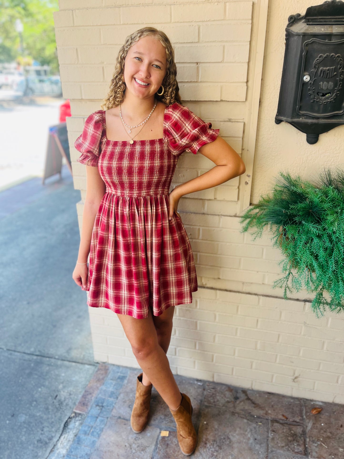 Plaid Smocked Puff Sleeve Dress