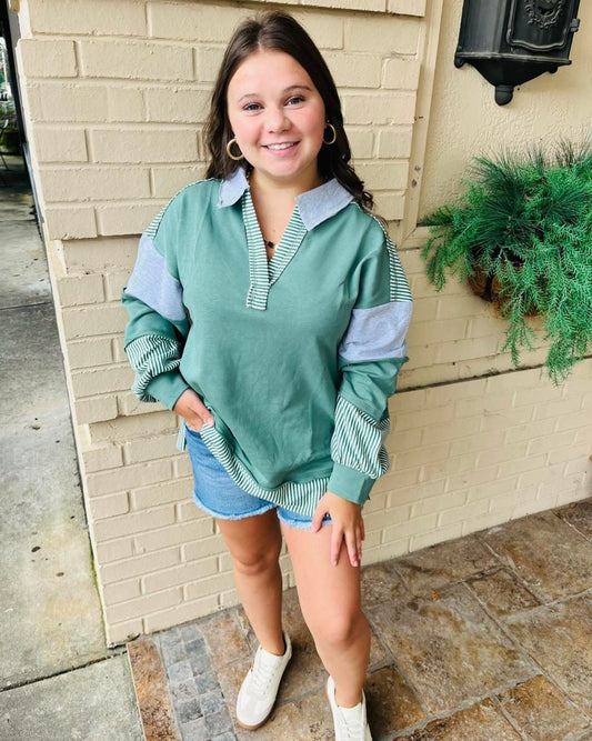 Color Block Solid & Stripe Knit Pullover - Sage