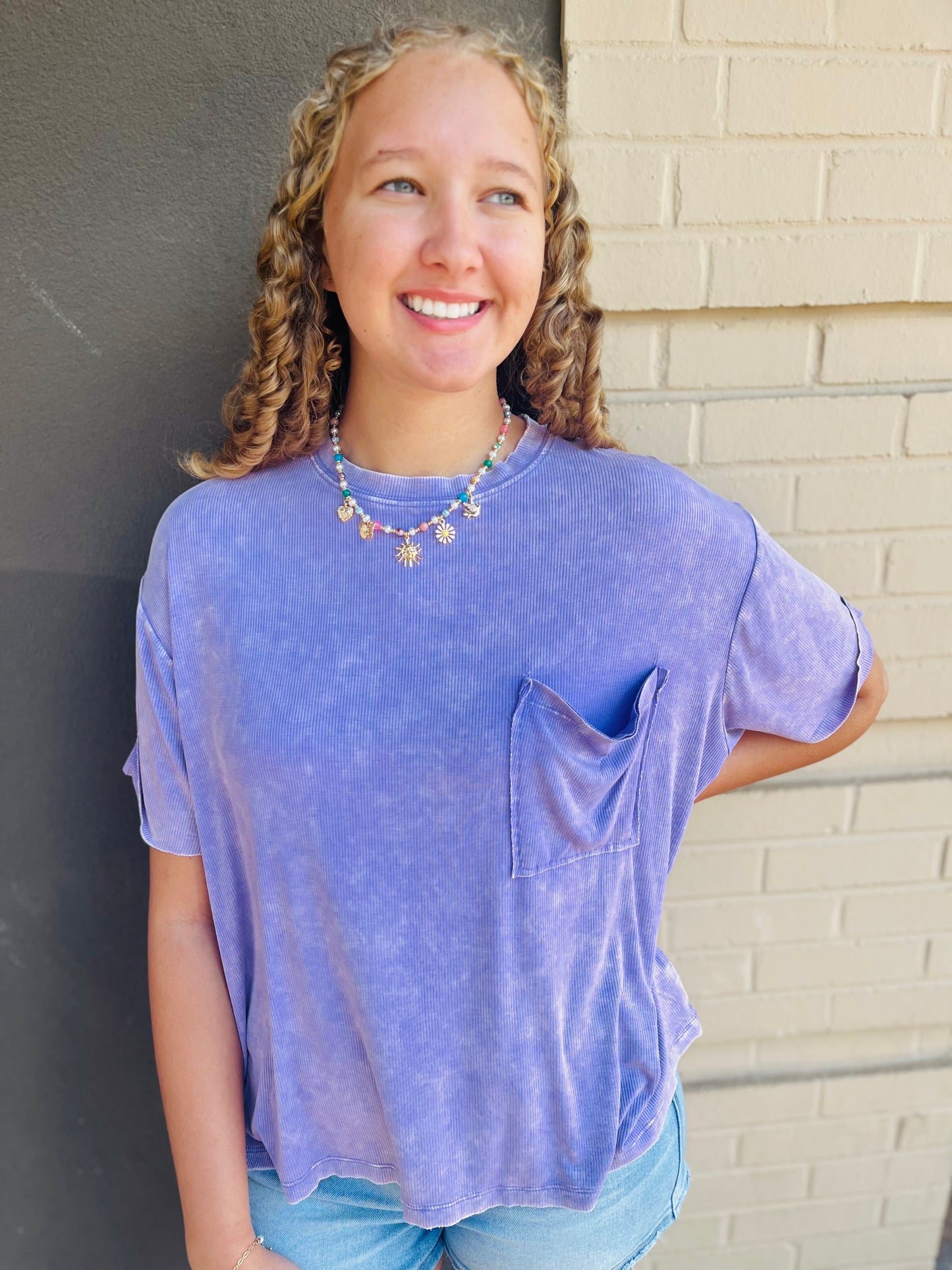 Washed Ribbed Round Neck Top - Lavender