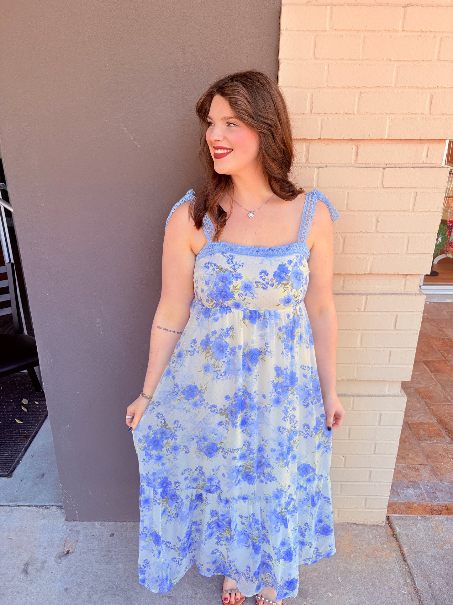 Floral Crochet Lace Strap Maxi Dress - Blue Multi