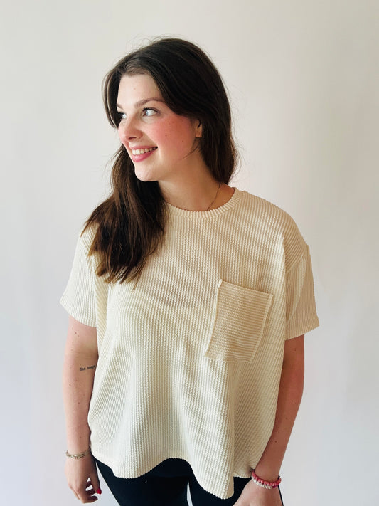 Corded Ribbed Pocket Top - Cream