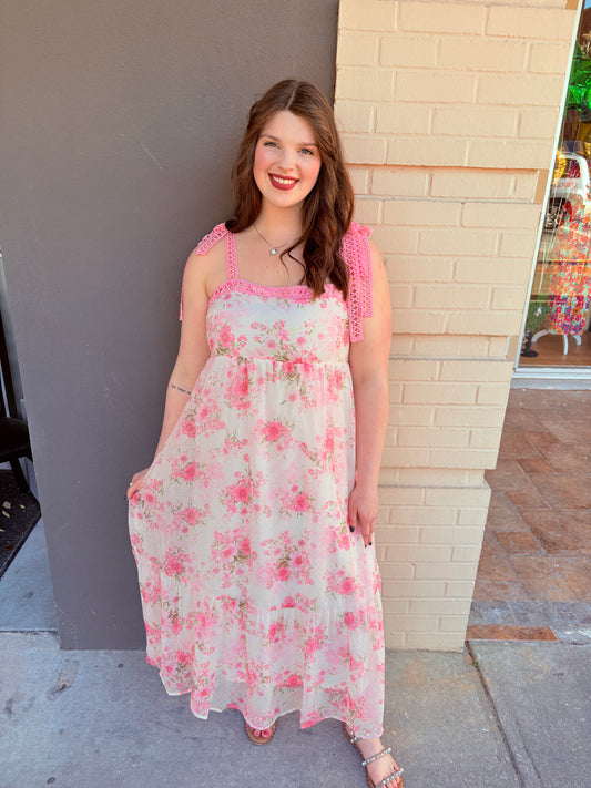Floral Crochet Lace Strap Maxi Dress - Pink Multi