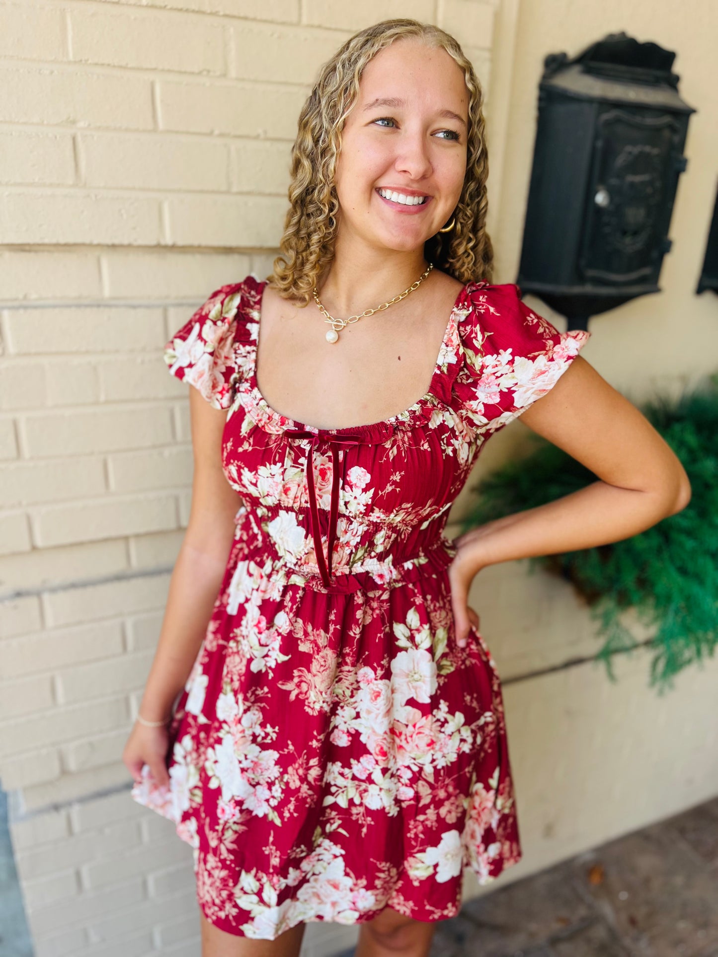 Floral Ruffle Trim Velvet Front Tie Dress - Burgundy