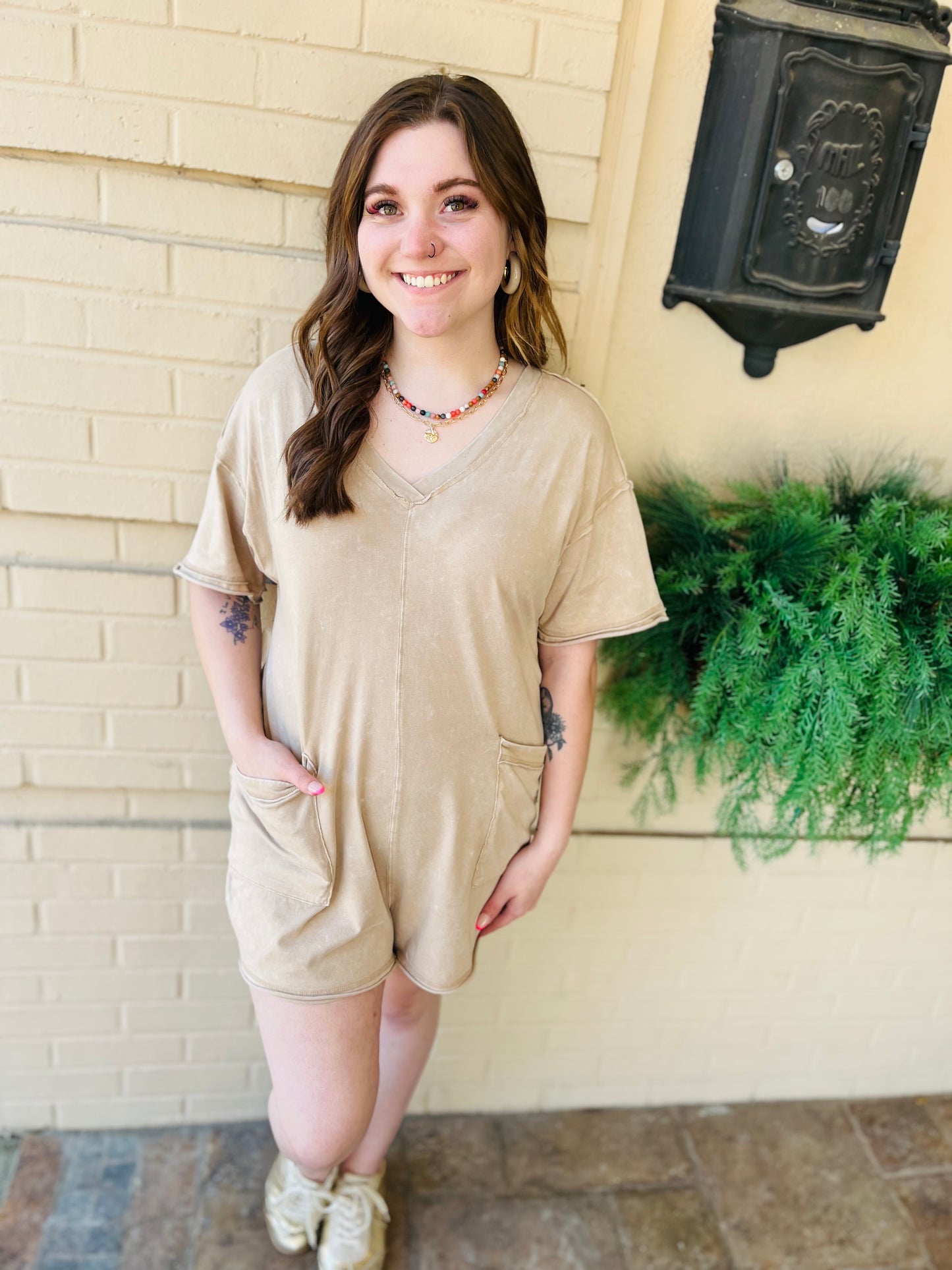Mineral Wash Romper - Taupe