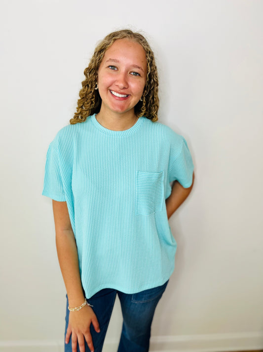 Corded Rib Short Sleeve Front Pocket Top - Mint