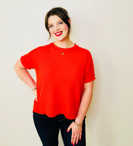 Corded Rib Short Cuff Sleeve Raw Edge Top - Tomato