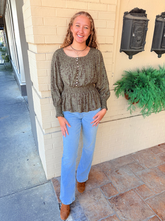 Smocked Button Front Peasant Top - Dark Olive