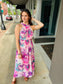 Tropical Print Chiffon Halter Dress - Pink
