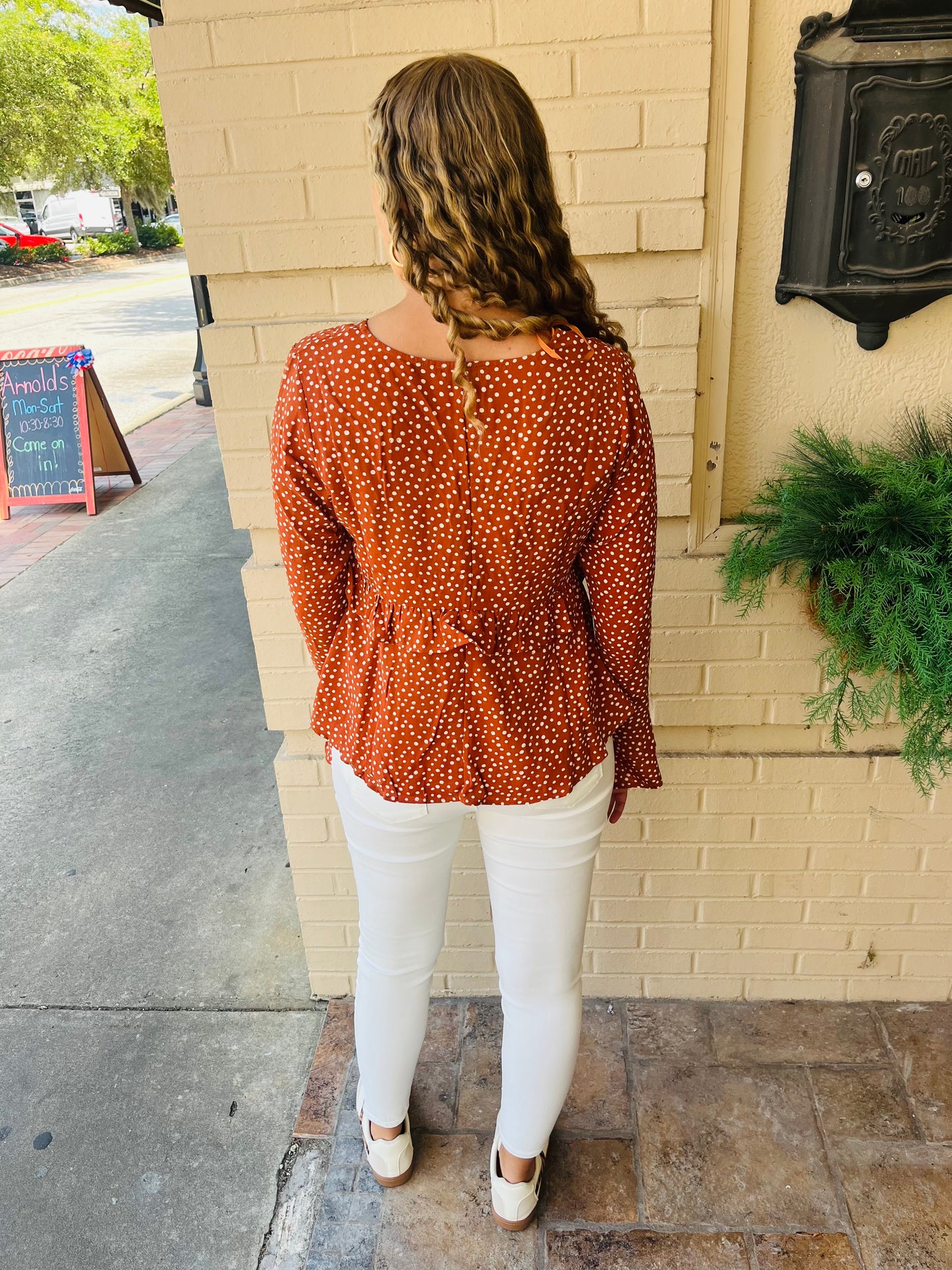 Dotted Ruffled Bell Sleeve V - Neck Blouse - Camel