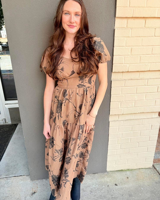 Textured Floral Sweetheart Neck Midi Dress - Khaki Multi